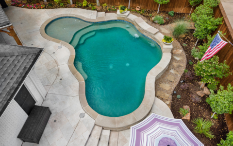 Above shot of kidney shaped pool.