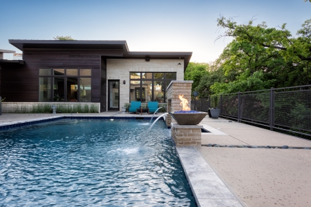 Pool with free flowing water and fire.