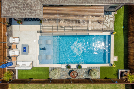 Birds eye view of rectangular pool.