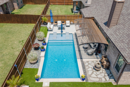 Birds eye view of rectangular pool.