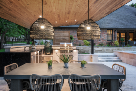 Outdoor barbecue and seating area.