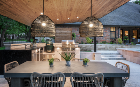 Outdoor barbecue and seating area.