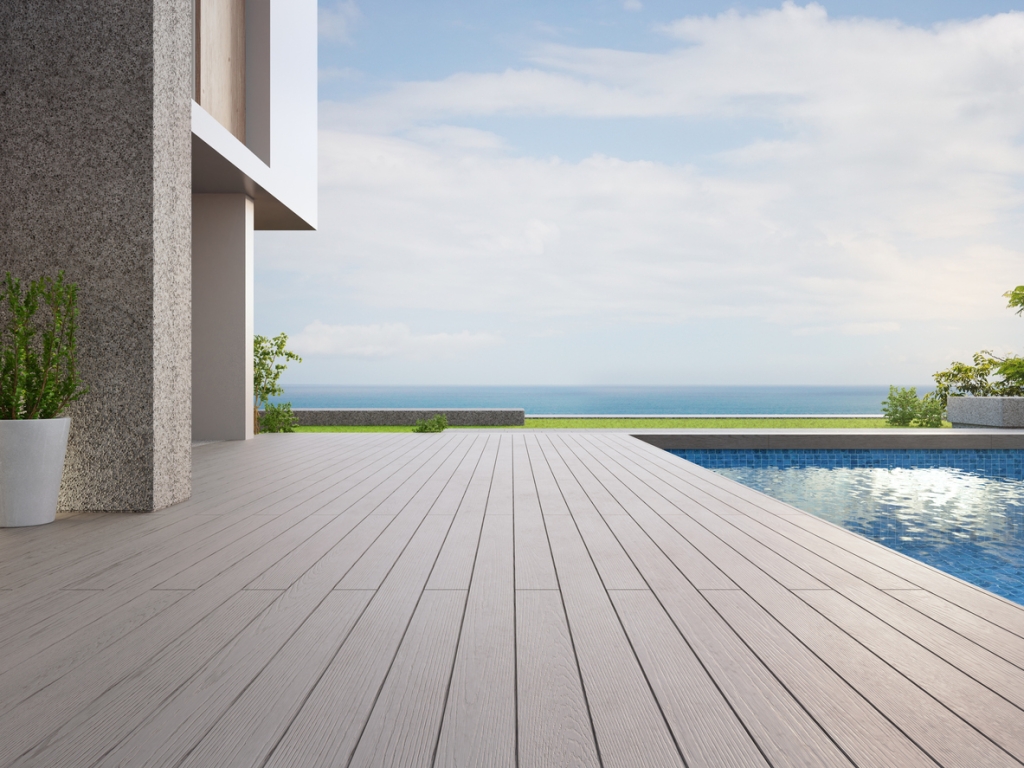 swimming pool with composite wooden deck