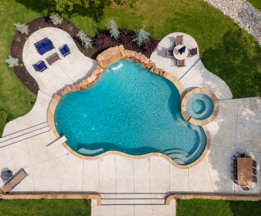 Birds eye shot of a custom swimming pool.
