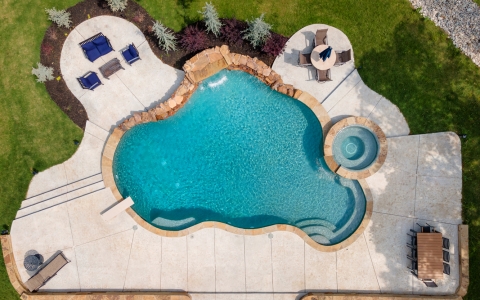 Birds eye shot of a custom swimming pool.